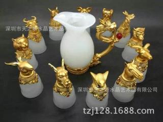 和田玉24k镀金青玉梅兰竹菊四君子艺术酒杯商务礼品摆件